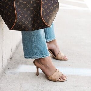 Vince Camuto Brelanie Woven Leather Heeled Sandals in Light Brown, Size 7